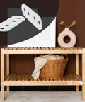 Premium White Iron Flat Brackets With Screws 20 Pack displayed on a wooden shelf, highlighting their use in furniture assembly.