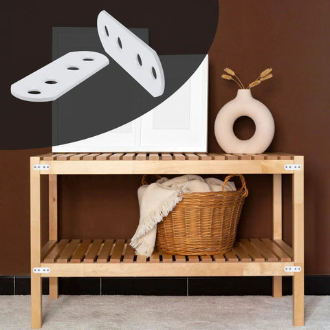 Premium White Iron Flat Brackets With Screws 20 Pack displayed on a wooden shelf, highlighting their use in furniture assembly.