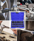 25 Piece Screw Extractor And Bolt Remover Set For Removing Broken Stripped And Frozen Screws And Bolts, shown in use with blue case