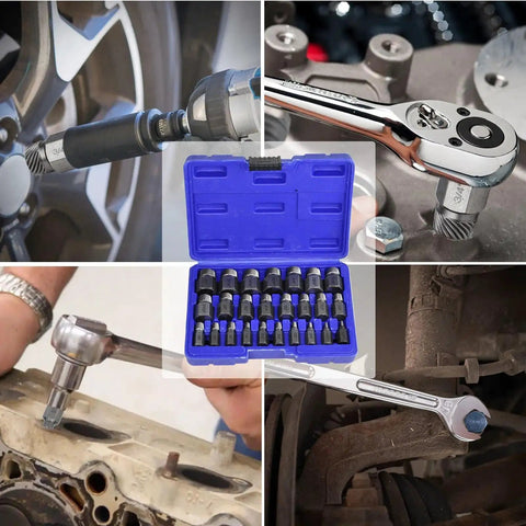 25 Piece Screw Extractor And Bolt Remover Set For Removing Broken Stripped And Frozen Screws And Bolts, shown in use with blue case