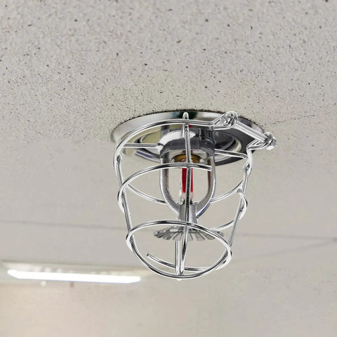 Rock Solid Fire Sprinkler Head Guard Cage Pair With Slick Protective Cover, chrome guard on ceiling for 1 2 and 3 4 inch mounts.