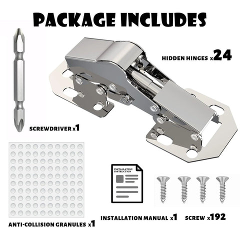 Package contents display of 24 Pack Hidden Hinges Soft Close Surface Mount Concealed Cabinet Hinges For Frameless Kitchen Cabinets No Pre Drill Holes Easy Install For Cabinet Doors Durable Steel Construction Great For Modern Cupboards, including screws, screwdriver, granules, and manual.