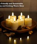 Six Pack Rechargeable Flameless Votive Candles With Timer LED Tealight Set With Magnetic Charging Base Type C USB Cable Remote Included Perfect For Cozy Home Decor And Ambience displayed on a wooden platter.