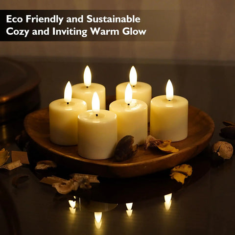 Six Pack Rechargeable Flameless Votive Candles With Timer LED Tealight Set With Magnetic Charging Base Type C USB Cable Remote Included Perfect For Cozy Home Decor And Ambience displayed on a wooden platter.