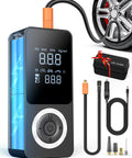 Cordless Tire Inflator Portable Air Pump With Digital Gauge And LED Light, accessories visible, 150 PSI, tire care kit