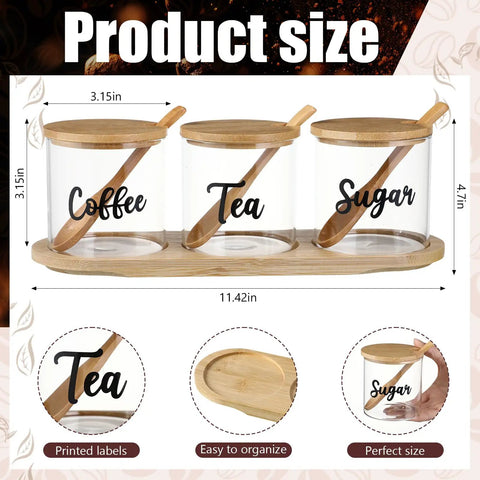 Three Pack Clear Glass Jars With Lids And Spoon On Bamboo Tray For Coffee Beans Sugar Tea Condiments Product Dimensions