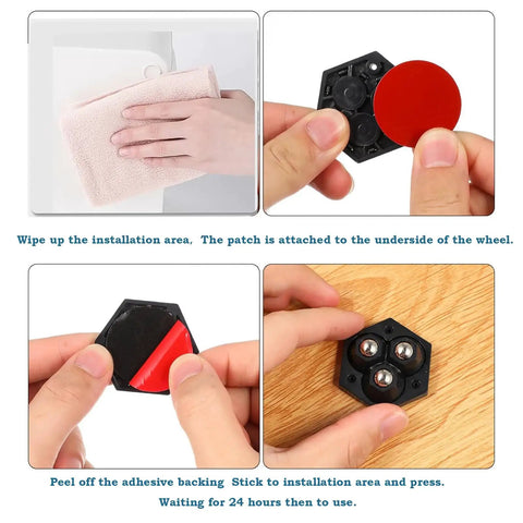Hands using Eight Pack Countertop Appliance Sliders With Self Adhesive Rollers For Coffee Makers Air Fryers Stand Mixers And Blenders 360 Degree Rotating Mini Sticky Wheels With Stainless Steel Balls Black