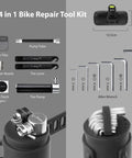 Must Have Portable Bike Tool Kit 14-In-1 Bicycle Repair Capsule components with tire pump, wrench, and silicone case dimensions.