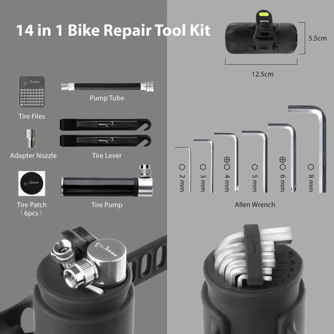 Must Have Portable Bike Tool Kit 14-In-1 Bicycle Repair Capsule components with tire pump, wrench, and silicone case dimensions.