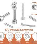 Image of 172 Piece M6 Screws Assortment Kit For DIY Projects And 3D Printers Including M6 Sizes 8mm 10mm 12mm 16mm 20mm 25mm 30mm 35mm 304 stainless steel hex socket head screws with nuts, bolts, and washers set, showing screws, washers, and nuts with hex wrench.