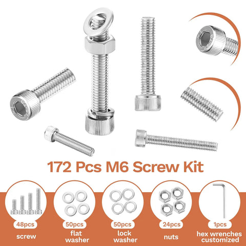 Image of 172 Piece M6 Screws Assortment Kit For DIY Projects And 3D Printers Including M6 Sizes 8mm 10mm 12mm 16mm 20mm 25mm 30mm 35mm 304 stainless steel hex socket head screws with nuts, bolts, and washers set, showing screws, washers, and nuts with hex wrench.