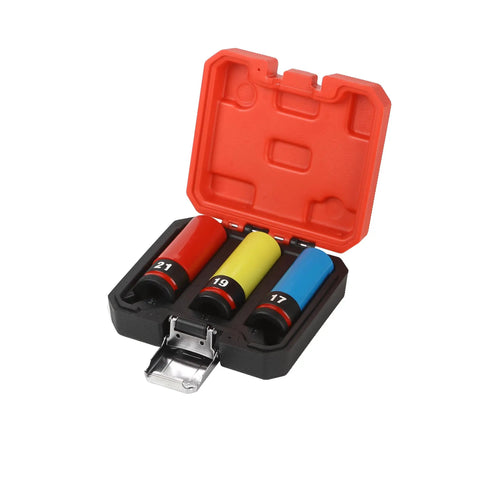 Heavy Duty 3 Piece Impact Lug Nut Socket Set Metric Sizes For Wheel Jobs Deep Drive Socket With CR-MO Build To Handle Any Tough Job. 17 19 21mm in case