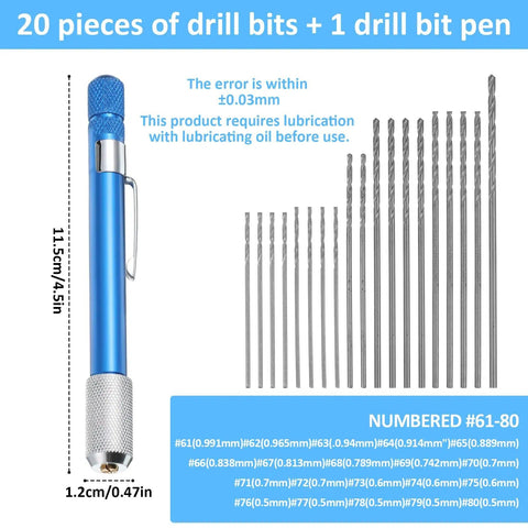 21 Piece Metric Mini Drill Bit Set With Pin Vise For Ultra Fine Wood And Jewelry DIY HSS Twist Drills in blue plastic case
