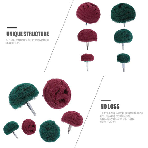 6 Pack Abrasive Polishing Buffing Wheels With Scouring Pad Material For Rust Deburring And Sharpening Irregular Surfaces On Wood Non Metal And Stone Materials, red and green wheels for polishing.