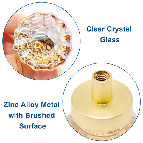 Close-up of Crystal Glass Cabinet Knobs 10 Pack, 1.4 Inch Diameter with Brushed Gold Base, showing clear crystal design and zinc alloy metal.
