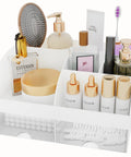 White Acrylic Makeup Organizer With Drawers For Vanity And Bathroom Counter holds skincare serums and tools in compartments.
