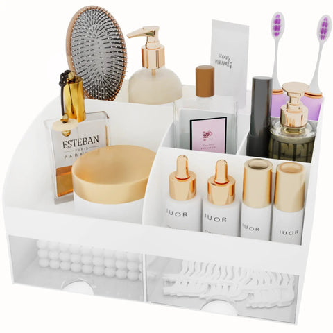 White Acrylic Makeup Organizer With Drawers For Vanity And Bathroom Counter holds skincare serums and tools in compartments.