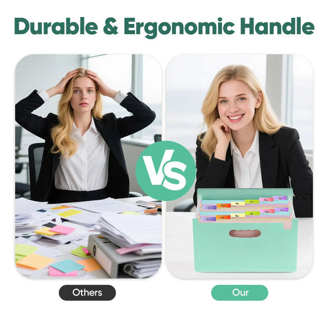Comparison of disorganized paperwork vs. neat storage using Slick 13 Pocket Accordion Expanding File Folder Crafted From Eco Friendly Wheat Straw Bpa Free Document Organizer.
