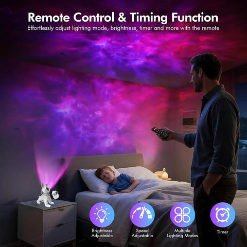 Galaxy Projector Night Light With Music Sync And White Noise 9 Sounds Timer And RF Remote in cozy bedroom setting displaying auroras.