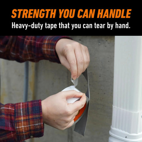 Person tearing heavy duty white duct tape 1.88 inch wide, 30 yard roll pack of 2, UV resistant, triple layer strength outdoors.