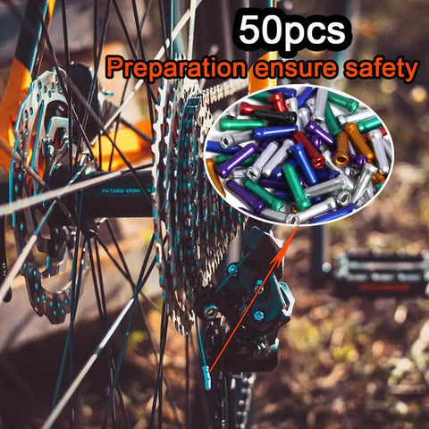 All In One Universal Bicycle Brake Cables And Housing Kit for Mountain and Road Bikes, includes colorful end caps shown on wheel