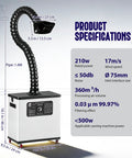Heavy Duty Solder Fume Extractor With Medical Grade Filter Snags Up Nasty Smokes And Fine Dust Fast Keep Your Workbench Fresh And Breathe Easy With This Badass Air Scrubber Delivering Two Hundred Watt Suction Power showing detailed specifications and dimensions.