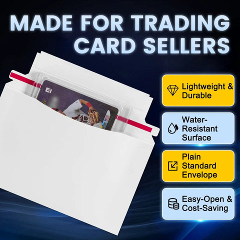 50 Pack 7x4.35 Trading Card Envelopes Mailers For Secure Shipping featuring a card inside white envelope with benefits listed.