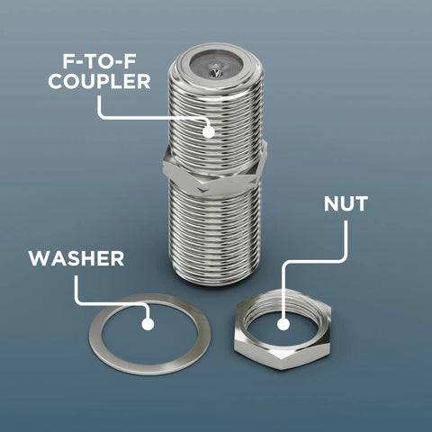 Hassle Free Dead Simple Coaxial Cable Connector Kit With Nuts And Washers Rock Solid F81 Barrel Couplers showing F-to-F coupler, washer, and nut.
