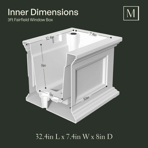 Diagram of Three Foot Self Watering Window Box Planter With Double Wall Design All Season UV Resistant Outdoor Flower Box, showing dimensions.