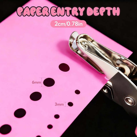 Two Size Single Hole Punch Set With One Quarter Inch And One Eighth Inch, showing pink paper with punched holes and metal punch.
