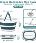 Collapsible 4.2 Gallon Mop Bucket With Handle, 16L silicone, measurements and mop compatibility shown