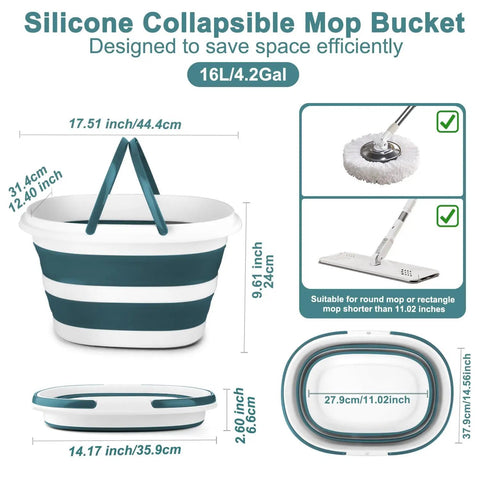 Collapsible 4.2 Gallon Mop Bucket With Handle, 16L silicone, measurements and mop compatibility shown