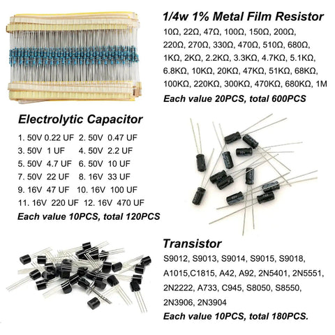Electronic Components Kit With 1400 Pieces, 6 Value Assortment Including LEDs Diodes Resistors Ceramic And Electrolytic Capacitors Transistors For Arduino Projects And Hands On DIY Electronics Experiments showing resistors, capacitors, and transistors