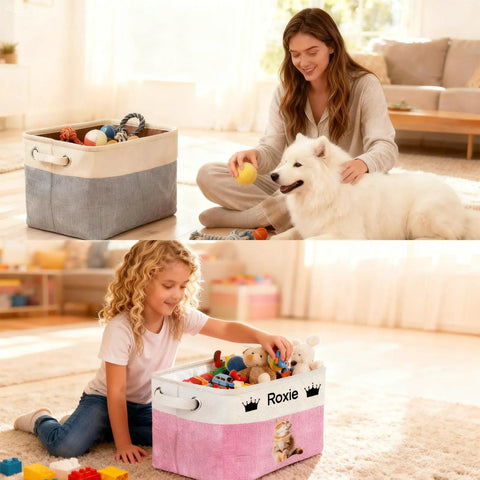 Woman with dog and child with Personalized Pup Toy Bin With Name Foldable Blue Organizer For Dogs And Cats by baskets