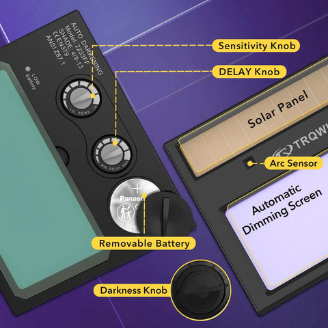 HD Auto Darkening Welding Lens With True Color View, Solar Powered, Two Arc Sensors, showing sensitivity and darkness knobs