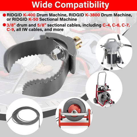 Heavy Duty Three Inch Cable Coupler Cutter Compatible With Ridgid K400 Drum And K50 Sectional Machines, showing serrated blades for tough clogs.