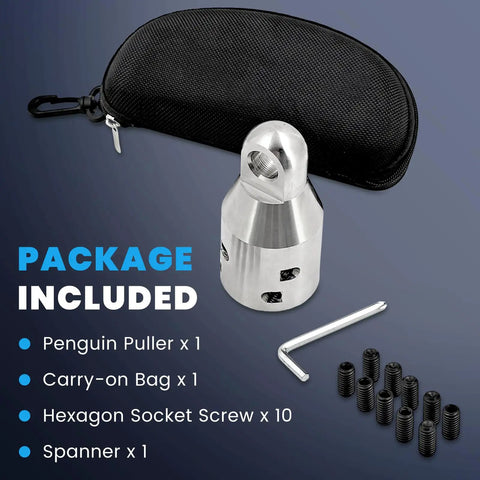 Heavy Duty 4000 Lbs Max Pull Strength Wire Pulling Grip Attachment Head With Four Cable Slots One Piece Stainless Steel Construction For Electricians And Pro Plumbers To Handle Tough Jobs Like A Boss, showing included carry-on bag, hexagon screws, and spanner.