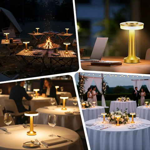 Two Pack LED Portable Cordless Table Lamps With Touch Sensor, Three Color Stepless Dimming, Gold, used outdoors and in dining settings
