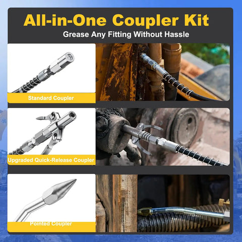 All-in-one coupler kit for Electric Cordless Grease Gun With 10000 PSI High Pressure 39 Inch Hose Variable Speed Trigger Works With DeWalt 20V Batteries Compatible With Bulk And Cartridge Grease Includes Four Couplers Tool Only