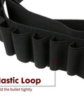 Close-up of black tactical ammo sling for shotgun and rifle, adjustable shell belt with elastic loops for 15 rounds, fits 12 and 20 gauge.