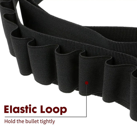 Close-up of black tactical ammo sling for shotgun and rifle, adjustable shell belt with elastic loops for 15 rounds, fits 12 and 20 gauge.