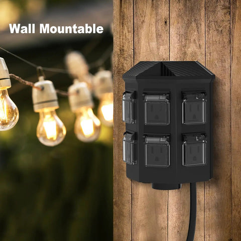 Tough As Nails 24 Hour Mechanical Outdoor Timer With Six Grounded Outlets and Six Foot Extension Cord For Garden Lighting and Patio Setup Slick Waterproof Design, wall-mountable with six outlets.