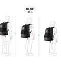 All Set Multisport Swim Backpack for Gym and Training 45L Large Capacity Rucksack with figure height comparison