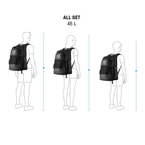 All Set Multisport Swim Backpack for Gym and Training 45L Large Capacity Rucksack with figure height comparison