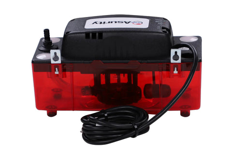 Front view of Diversitech ULTRACP-22 condensate pump with red translucent reservoir and black top.