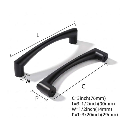 Five Pack Three Inch Matte Black Arch Cabinet Pulls Built Like A Tank Zinc Alloy Kitchen Hardware showing dimensions and design.
