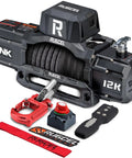 Rugcel 12000 Lb Waterproof Electric Winch With Synthetic Rope And Haws Fairlead Black, includes remote and control, for off-road trucks.