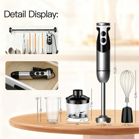 No Fuss 1000W Immersion Hand Blender With Multi Attachments And Quick Chopper, showing measurements of the whisk, chopper, and blending stick.