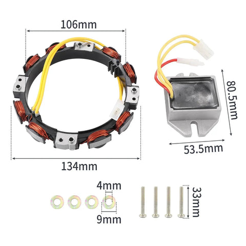 Alternator Stator Replacement 10 To 16 Amp For Briggs And Stratton And John Deere Lawn Tractors And Mowers Fits D150 D155 D160 D170 E160 E170 E180 L111 L118 L120 GT235 GT235E LA155 LA165 LA175 LT166 kit with dimensions