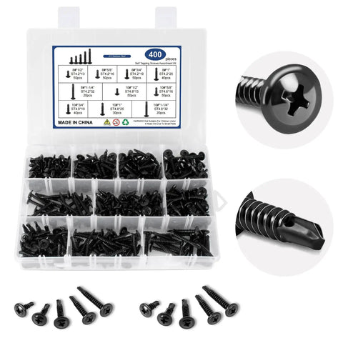 400 Piece Self Tapping Screws Set Made Of 410 Stainless Steel For Metal Wood And Plastic Size 8 And 10 1/2 Inch To 1-1/4 Inch Length Black Coated